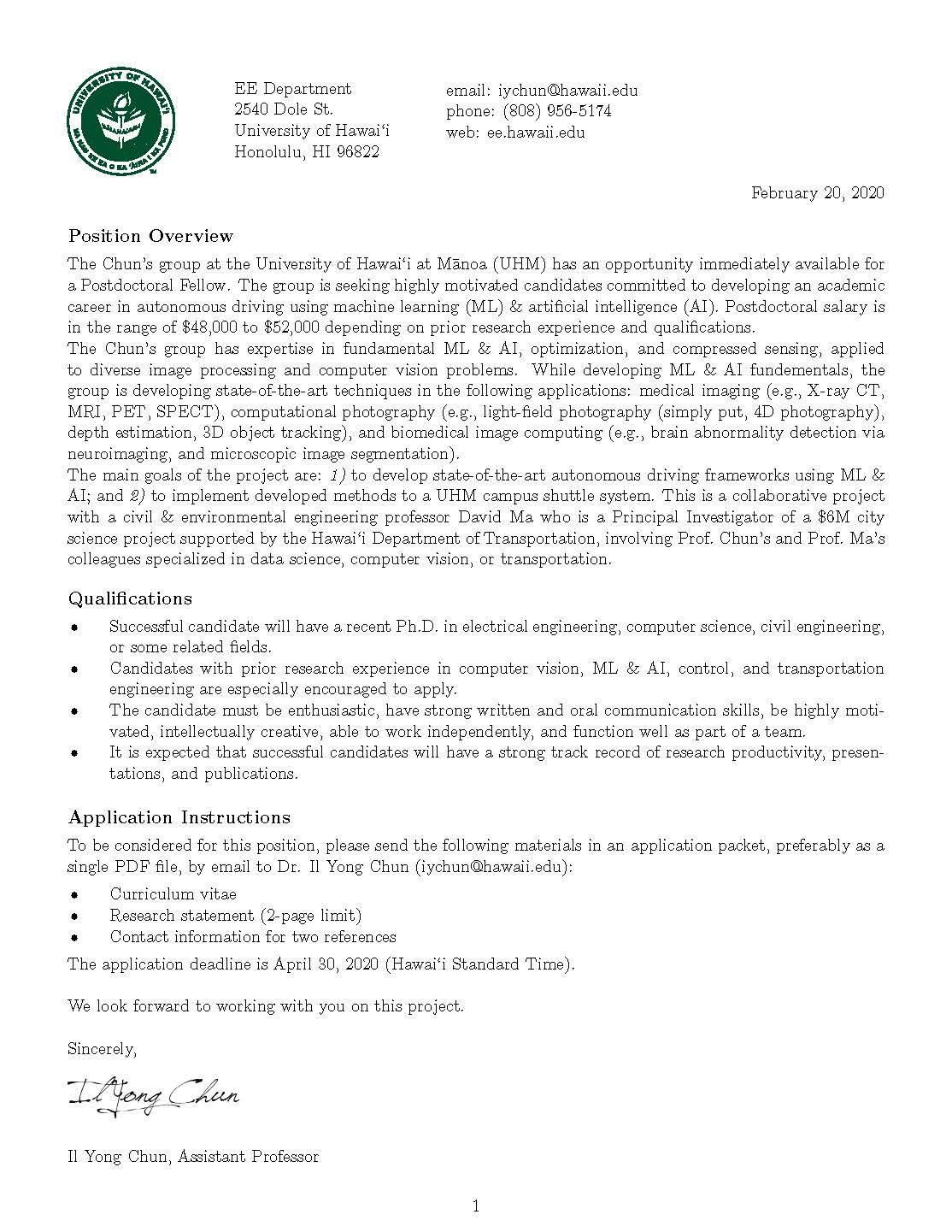 Announcement for Postdoctoral Fellow Positions in the University of Hawaii at Manoa (UHM)