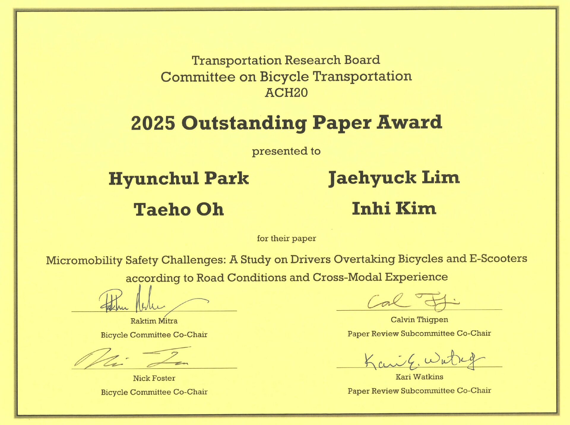 TRB Outstanding Paper Award